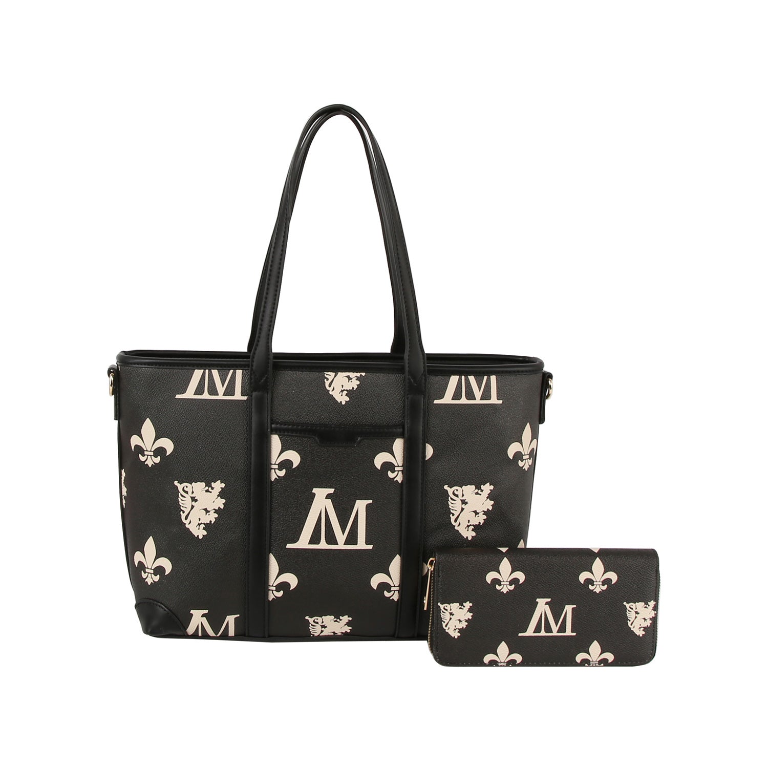 The Crest Emblem Classic Tote is a black tote bag with cream designs—fleur-de-lis, lion crest, and “M” monogram. This structured style includes a matching wallet, two-tone prints, and a detachable crossbody bag for added versatility.