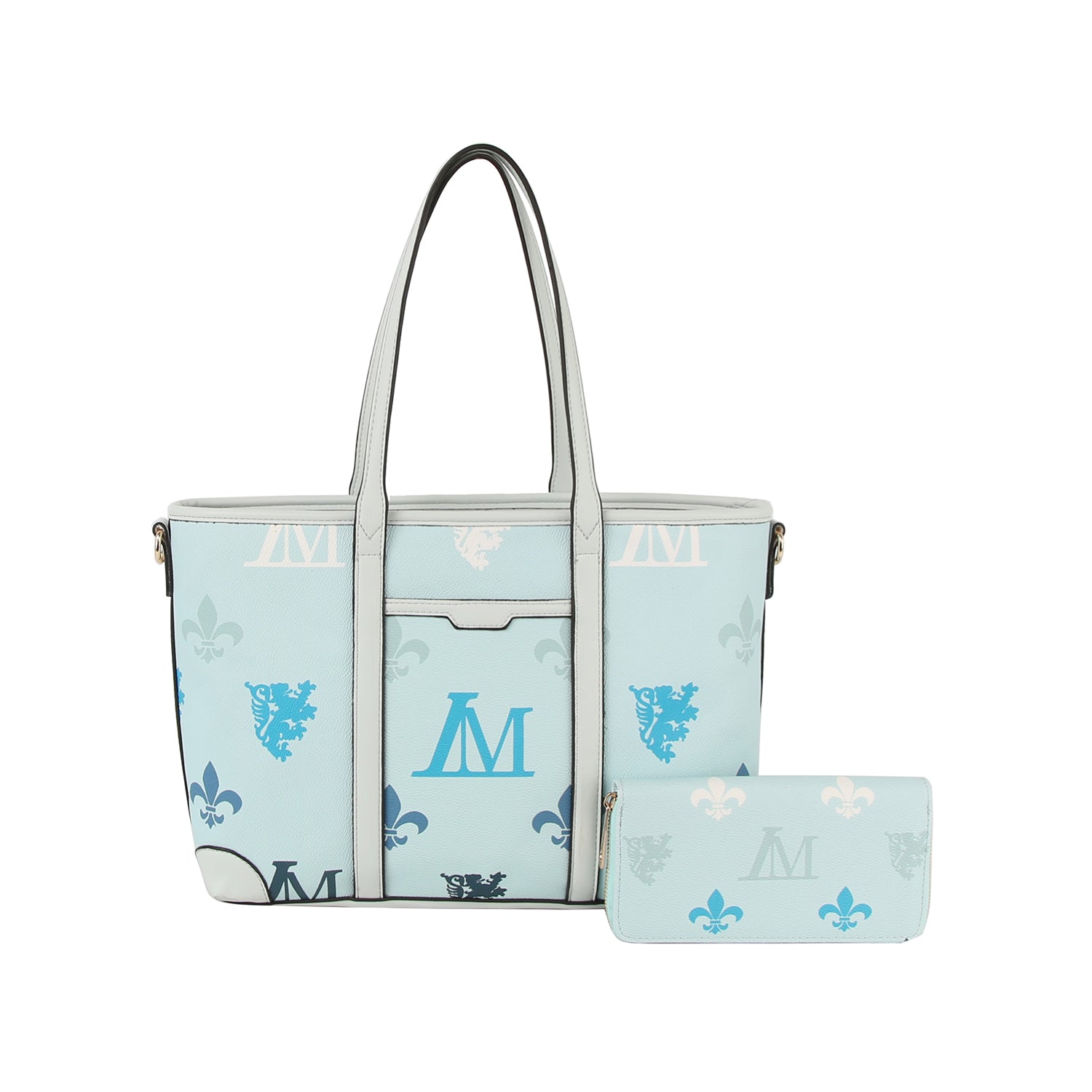 The Crest Emblem Classic Tote is a light blue bag with twin handles, featuring royal blue, white, and gray monogram and fleur-de-lis designs. It doubles as a detachable crossbody and includes a matching zippered wallet.