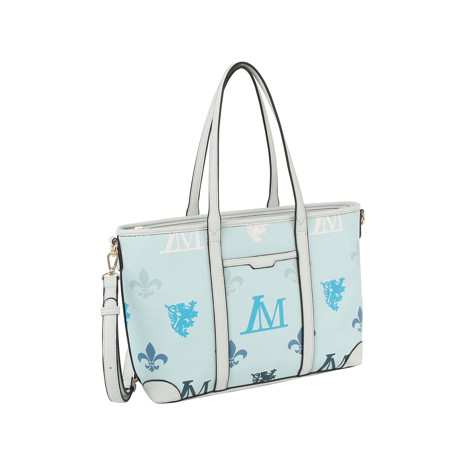 The Crest Emblem Classic Tote is a light blue purse with white handles, adorned with blue shields and “AM” monograms. It features a detachable crossbody strap and a secure zippered top.