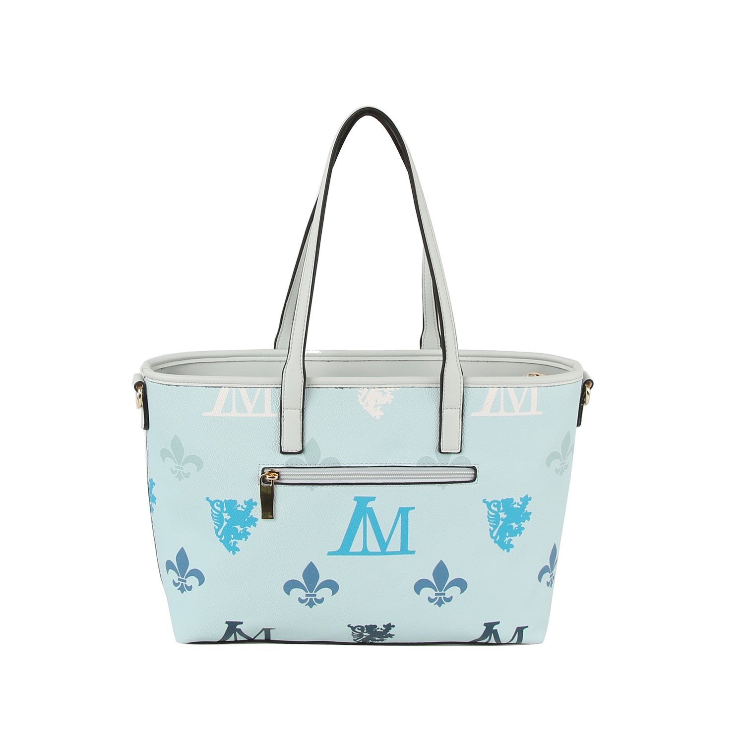 The Crest Emblem Classic Tote is a light blue bag with black handles, blue and white crest, fleur-de-lis design, AM logo, front zip pocket, silver-tone hardware, and a detachable strap for crossbody use.
