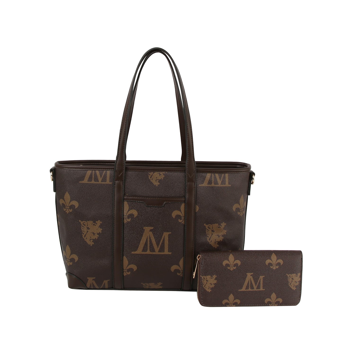 The Crest Emblem Classic Tote, a brown handbag with double handles and gold crest motifs, is displayed beside a matching zippered wallet.