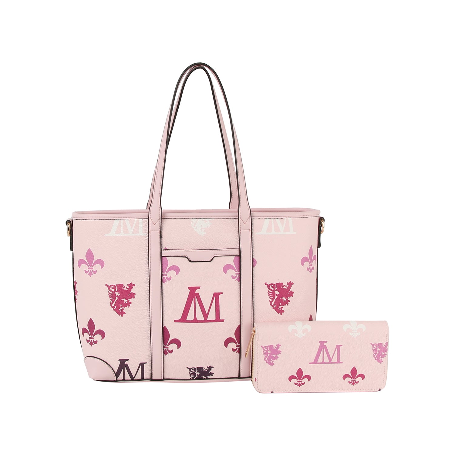 The Crest Emblem Classic Tote in light pink, adorned with pink, red, and maroon monograms, crests, and fleur-de-lis patterns, is paired with a matching wallet displayed in front of the tote.
