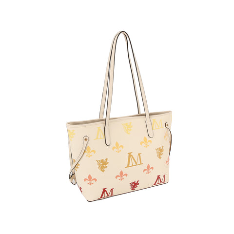 The Monogram Print Lux Faux Leather 2-Piece Tote Set features a cream color, single strap, long handles, and bold red and yellow fleur-de-lis, lion, and M motifs printed across its surface.
