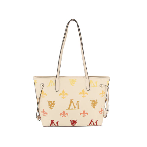 The Monogram Print Lux Faux Leather 2-Piece Tote Set is cream-colored with long handles, featuring red, yellow, and gold M letters, fleur-de-lis, and lion crests in a repeating pattern. Includes a secure top zip closure.