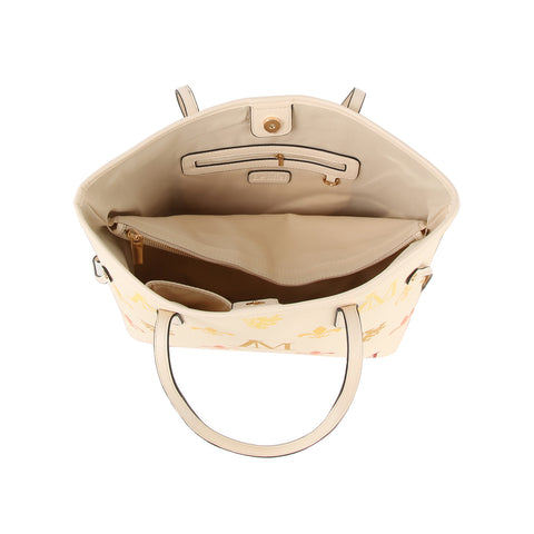 The Monogram Print Lux Faux Leather 2-Piece Tote Set is cream-colored with a beige interior, multiple compartments (zip pocket, slip pocket), and a clasp button closure, shown from above with the bag open.