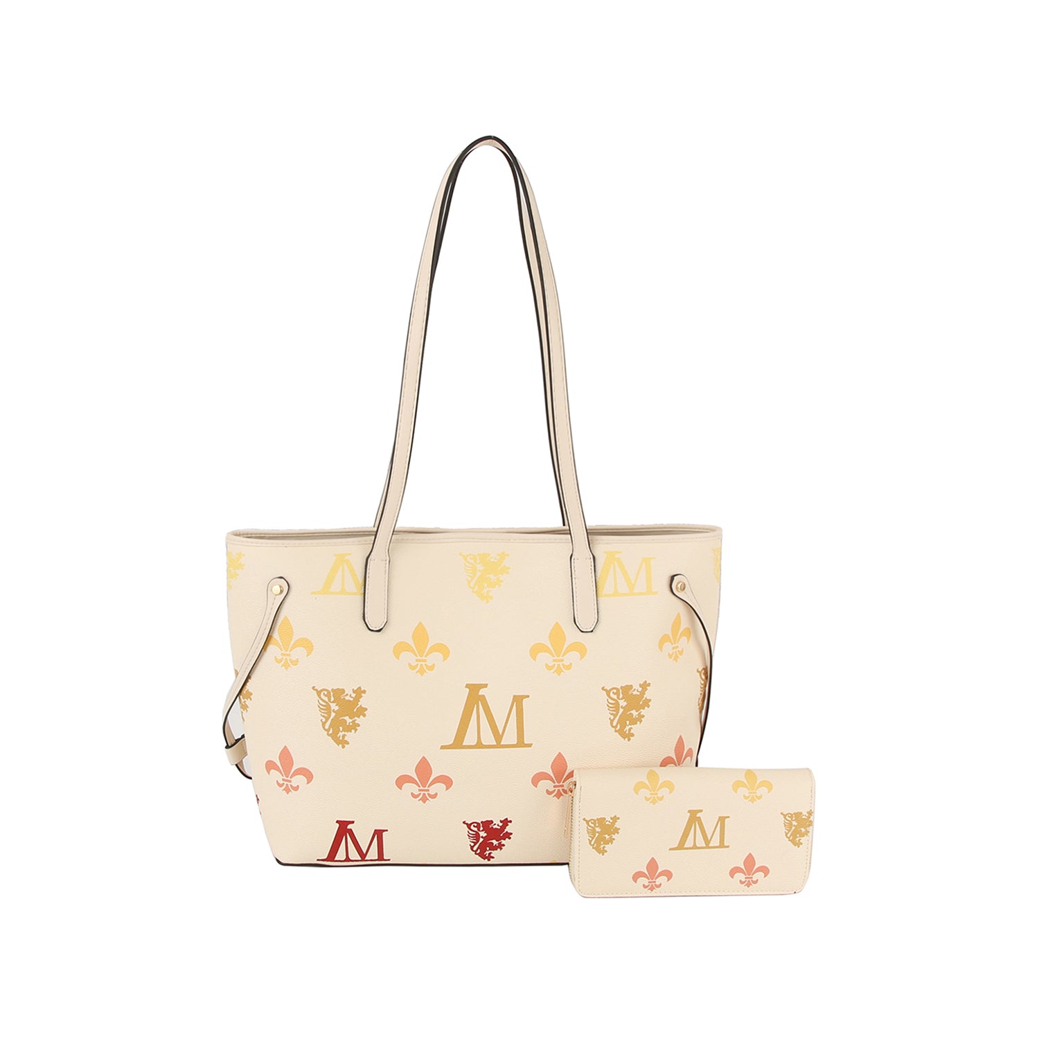 The Monogram Print Lux Faux Leather 2-Piece Tote Set features a cream tote with top zip closure and long handles, plus a matching wallet. Both pieces display red, yellow, and gold M and fleur-de-lis prints. Wallet shown in front.
