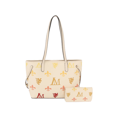 The Monogram Print Lux Faux Leather 2-Piece Tote Set features a cream tote with top zip closure and long handles, plus a matching wallet. Both pieces display red, yellow, and gold M and fleur-de-lis prints. Wallet shown in front.