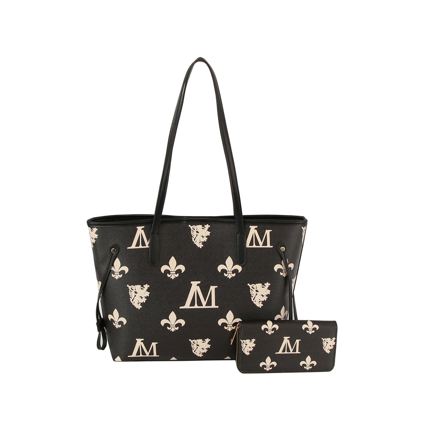 The Monogram Print Lux Faux Leather 2-Piece Tote Set features a black tote with a single strap and zip closure, plus a matching pouch. Both are adorned with white fleur-de-lis, lion head, and M logos on black faux leather, shown on a white background.