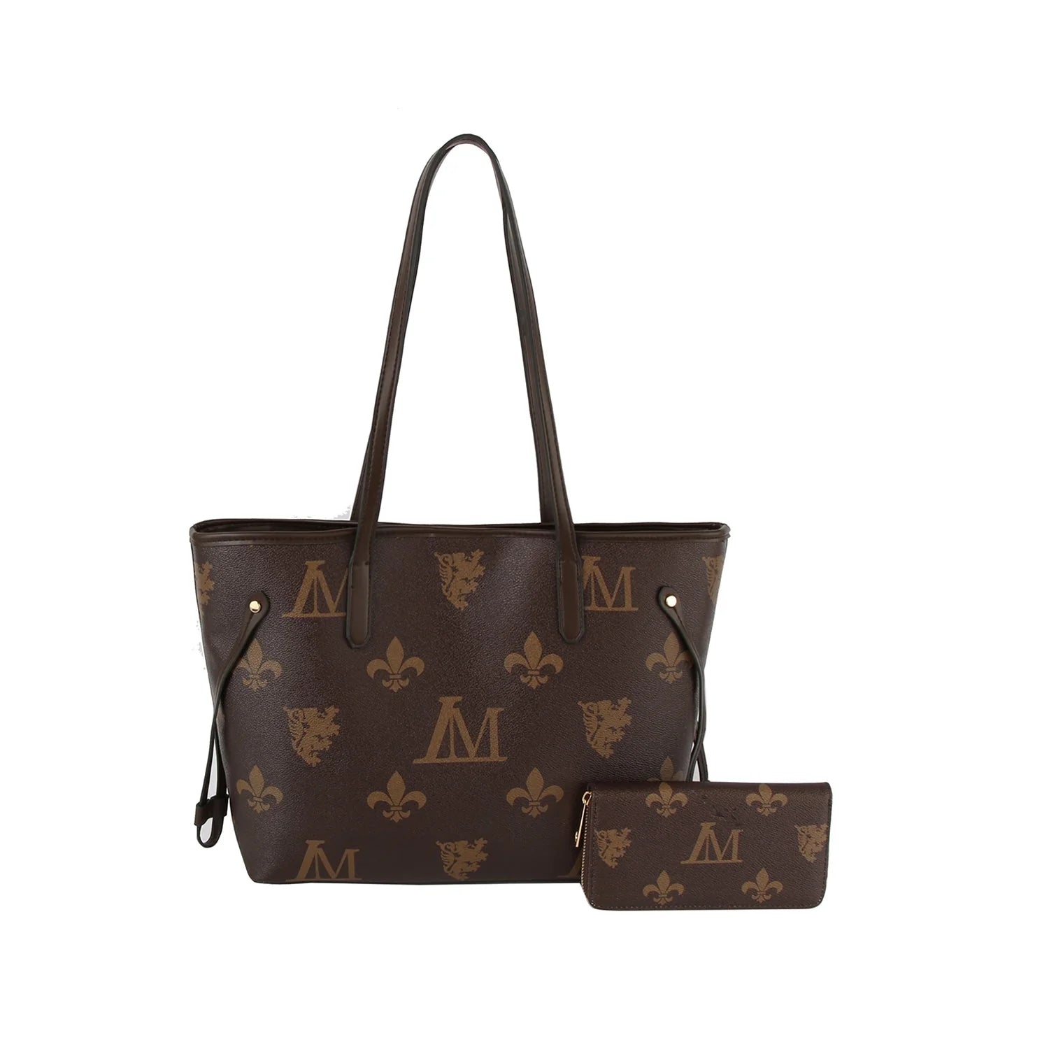 The Monogram Print Lux Faux Leather 2-Piece Tote Set includes a brown tote with long handles, tan fleur-de-lis, lion heads, and M patterns, top zip closure, and comes with a matching wallet displayed in front.