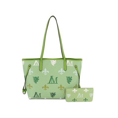 The Monogram Print Lux Faux Leather 2-Piece Tote Set features a light green tote with dark green accents, white/gold/green fleur-de-lis and “M” prints, top zip closure, and a matching small zip pouch.