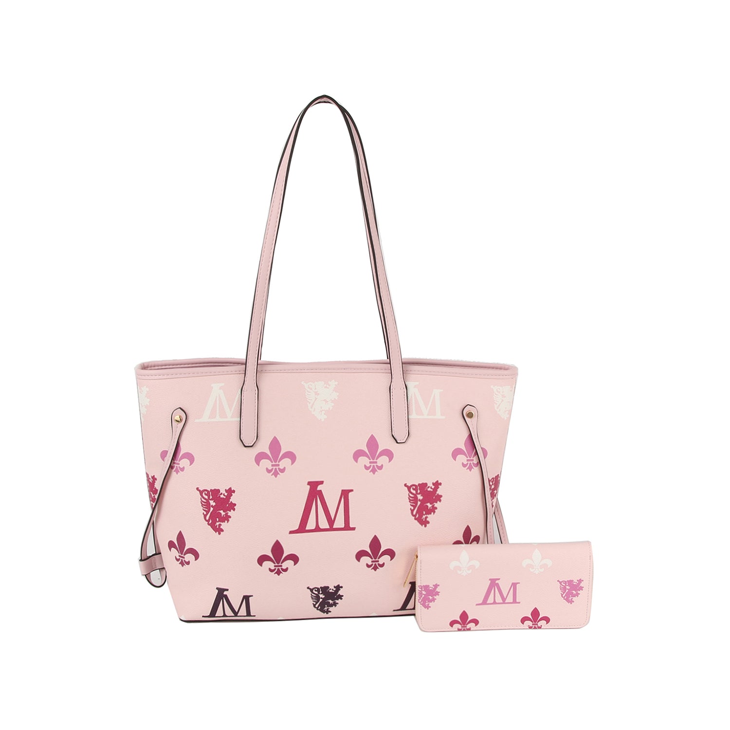 The Monogram Print Lux Faux Leather 2-Piece Tote Set includes a pink tote with double handles and fleur-de-lis and “M” symbols in pink, white, and black, plus a matching wallet with similar monogram designs.