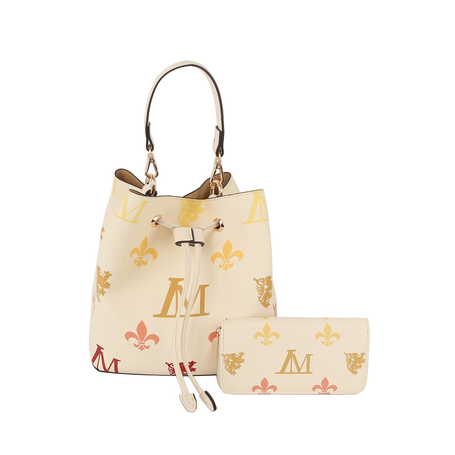 The 2 in 1 Monogram Print Faux Leather Bucket Bag is cream-colored with a matching wallet, both detailed with gold, red, and yellow motifs. Features include gold hardware, a drawstring closure, and tablet compatibility.