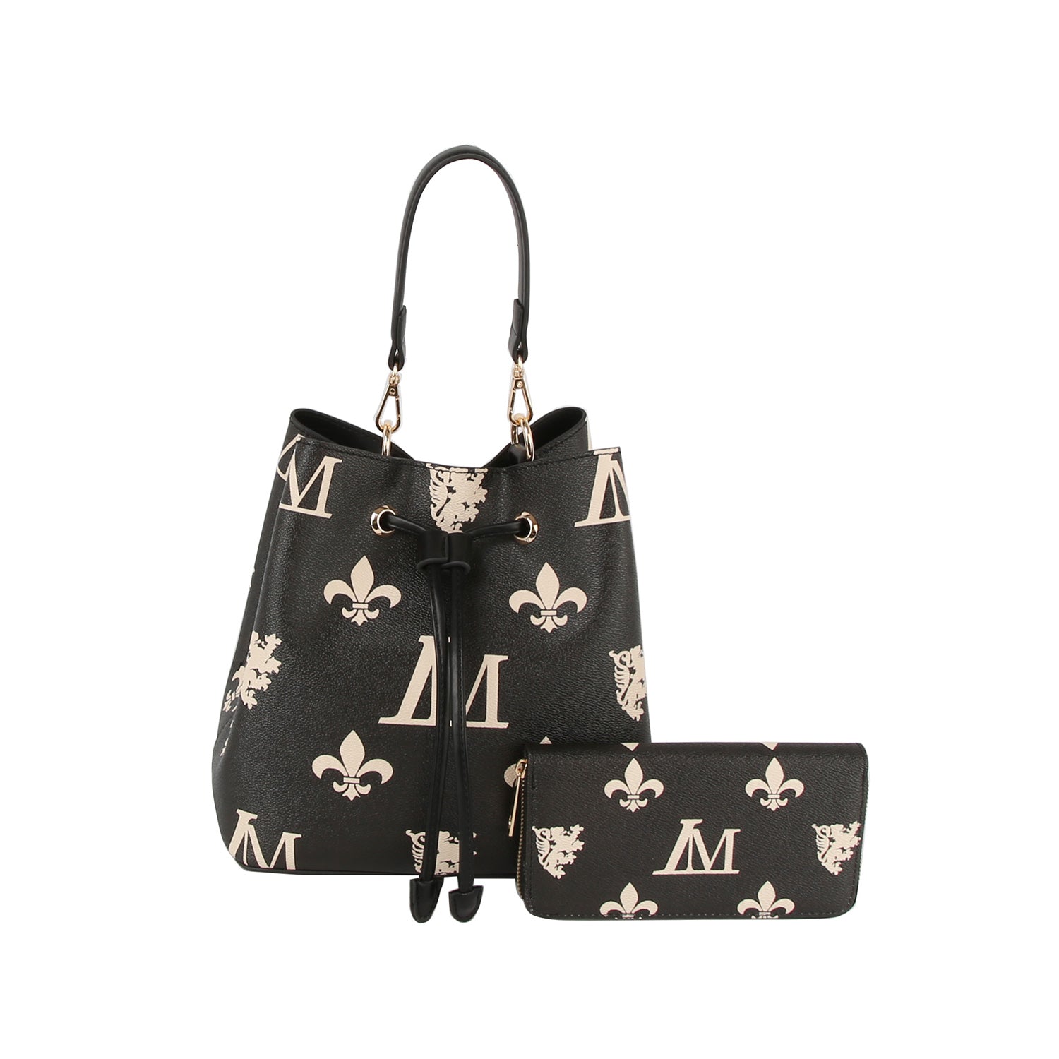 The 2 in 1 Monogram Print Faux Leather Bucket Bag features a black design with cream fleur-de-lis, lion, and M motifs, plus gold-tone accents. It comes with a matching wallet, has a tablet-friendly interior, and a drawstring closure.