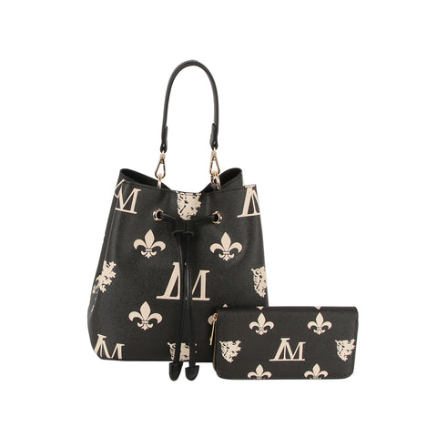 2 in 1 Monogram Print Faux Leather Bucket Bag