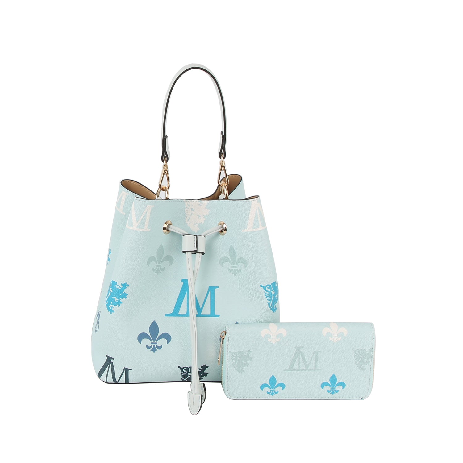 The 2 in 1 Monogram Print Faux Leather Bucket Bag is a light blue designer set featuring a drawstring closure and matching wallet, both adorned with blue and white fleur-de-lis symbols and decorative lettering.