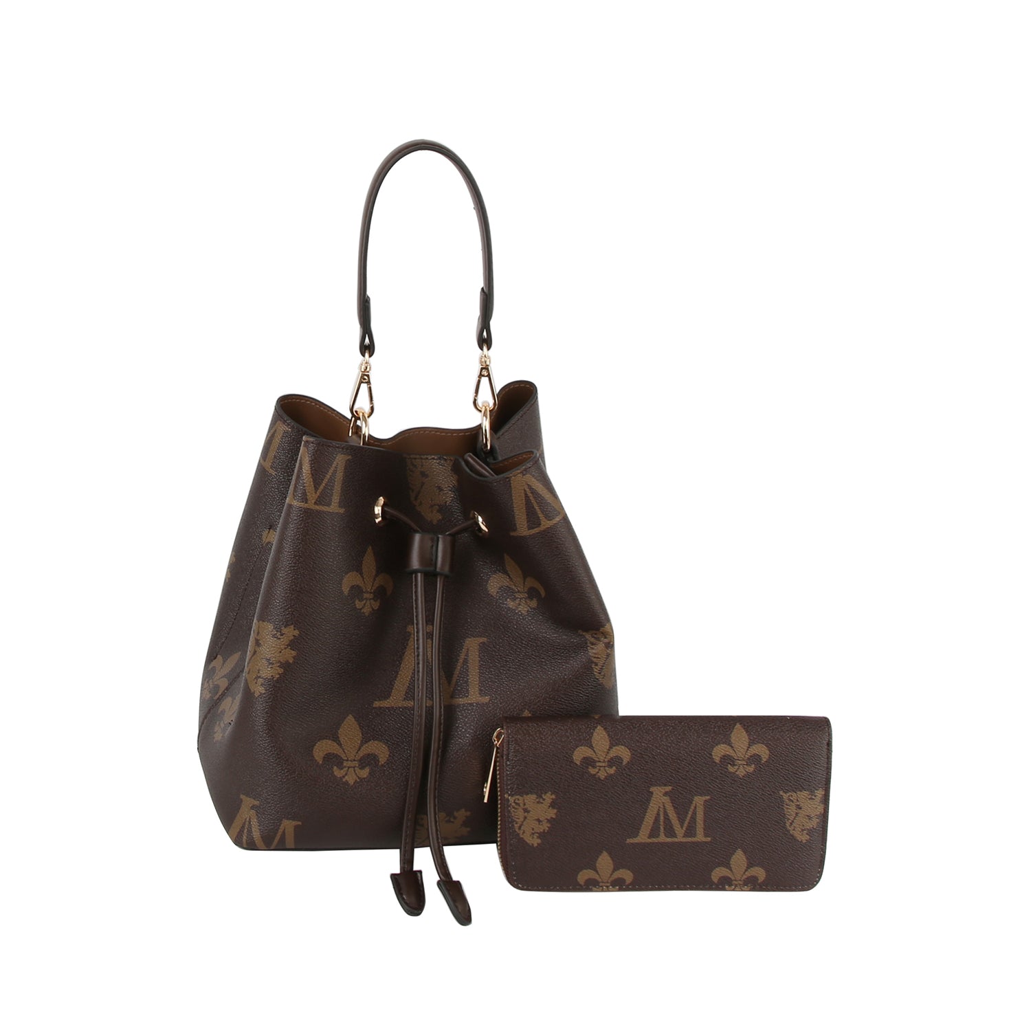 The 2 in 1 Monogram Print Faux Leather Bucket Bag features a brown design with gold M and fleur-de-lis patterns, a top handle, drawstring closure, tablet-friendly space, and includes a matching brown clutch.