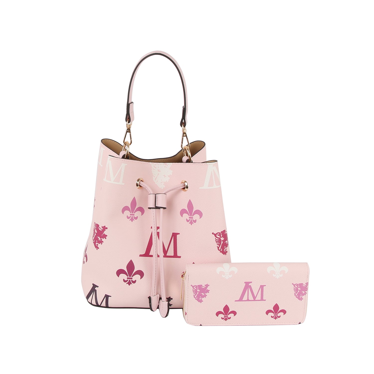 The 2 in 1 Monogram Print Faux Leather Bucket Bag includes a pink handbag with a handle, secure drawstring closure, and matching wallet. Both display maroon and white fleur-de-lis, shields, and letter M monogram designs.