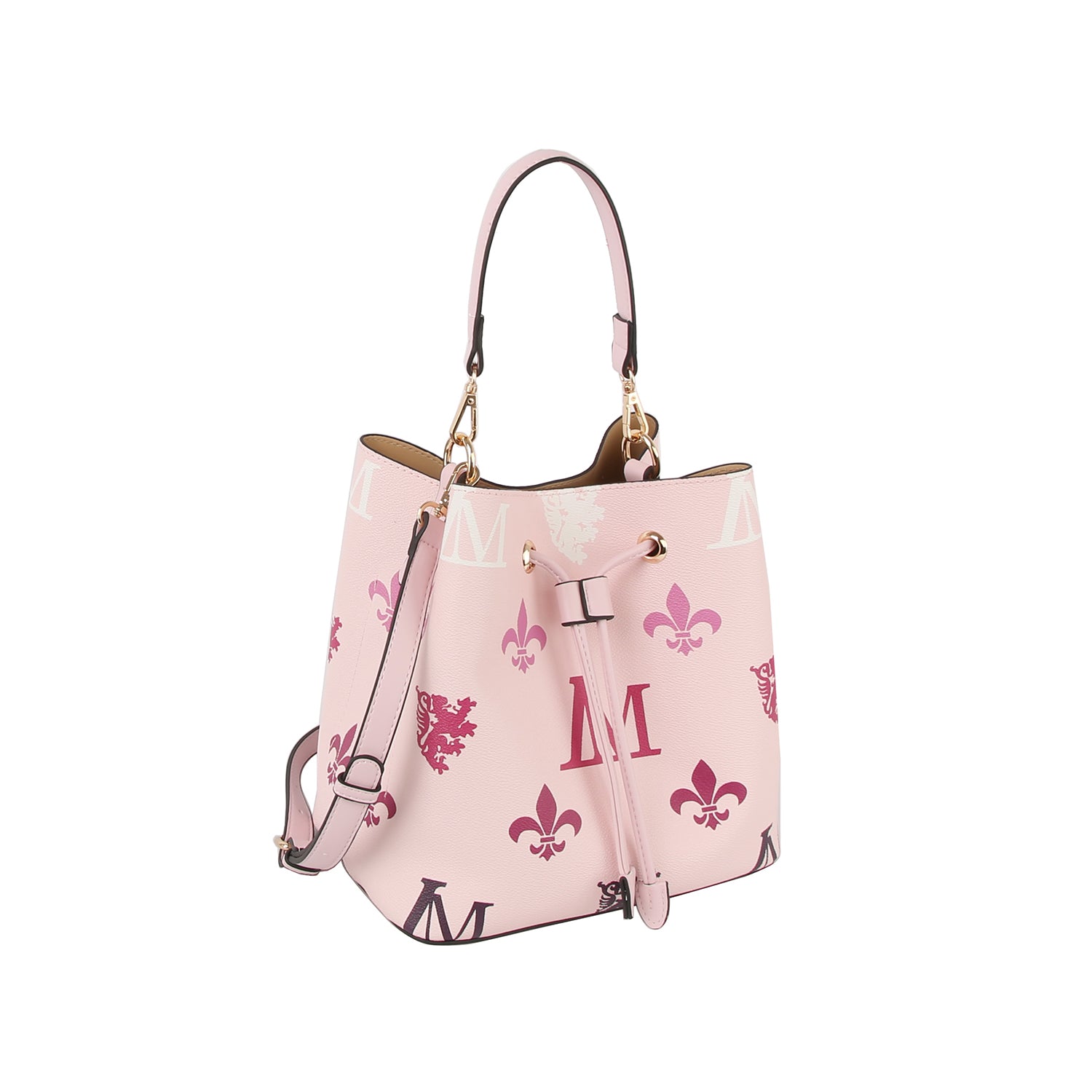 The 2 in 1 Monogram Print Faux Leather Bucket Bag features a pink bucket style with top handle and shoulder strap, decorated with pink and purple fleur-de-lis and M patterns, plus a stylish drawstring closure.