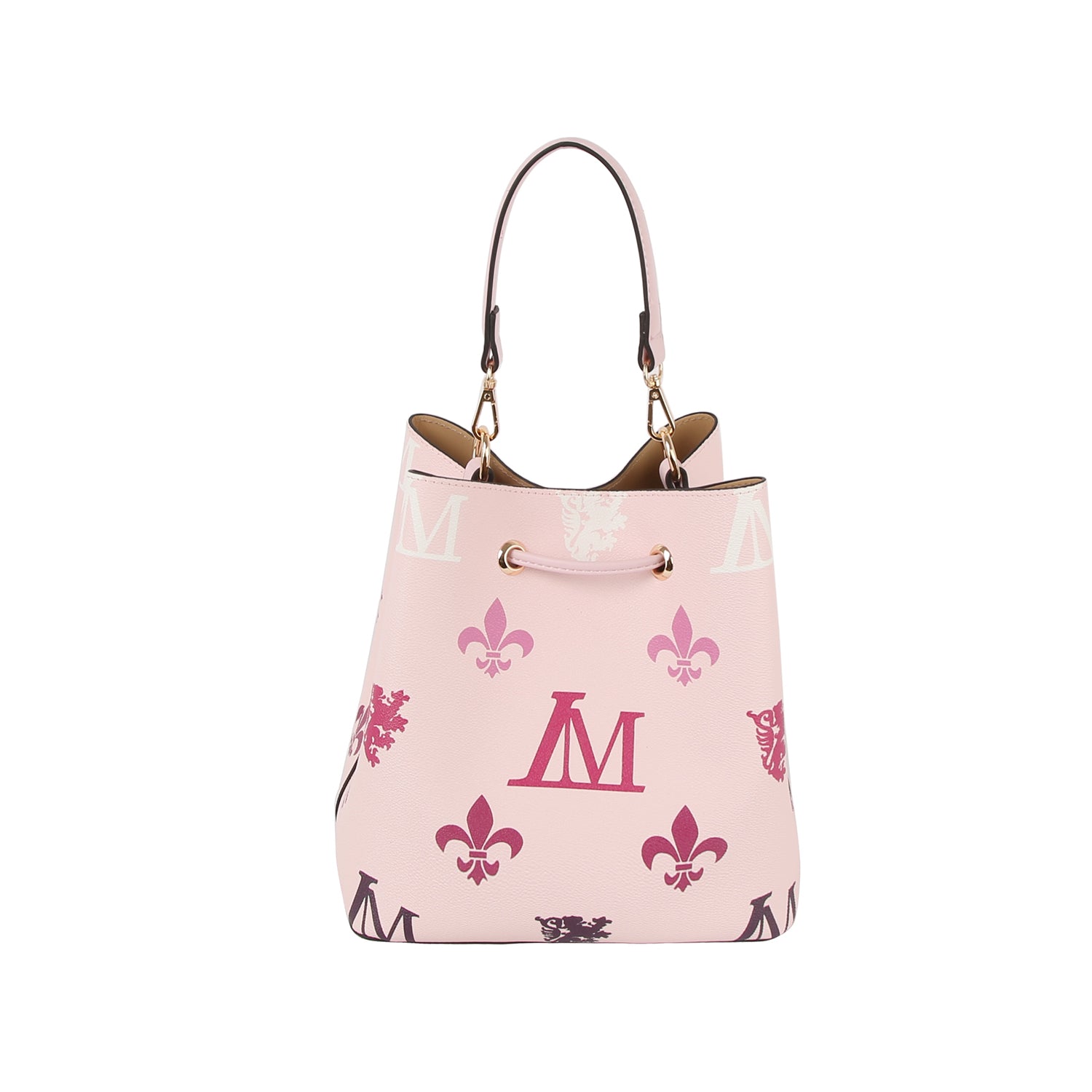 The 2 in 1 Monogram Print Faux Leather Bucket Bag is pale pink with two handles, gold hardware, and drawstring closure, featuring M monogram, fleur-de-lis, and lion crest motifs in pink and purple shades.
