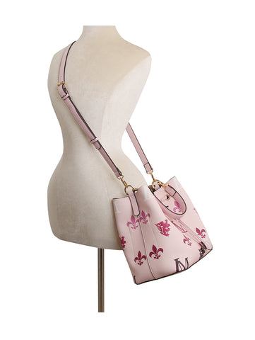 2 in 1 Monogram Print Faux Leather Bucket Bag