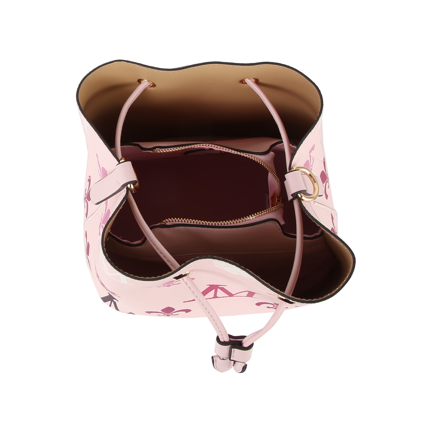 Top view of the 2 in 1 Monogram Print Faux Leather Bucket Bag in pink with floral pattern, tan interior, zippered inner pouch, drawstring closure, gold-tone hardware, and tablet compatibility.