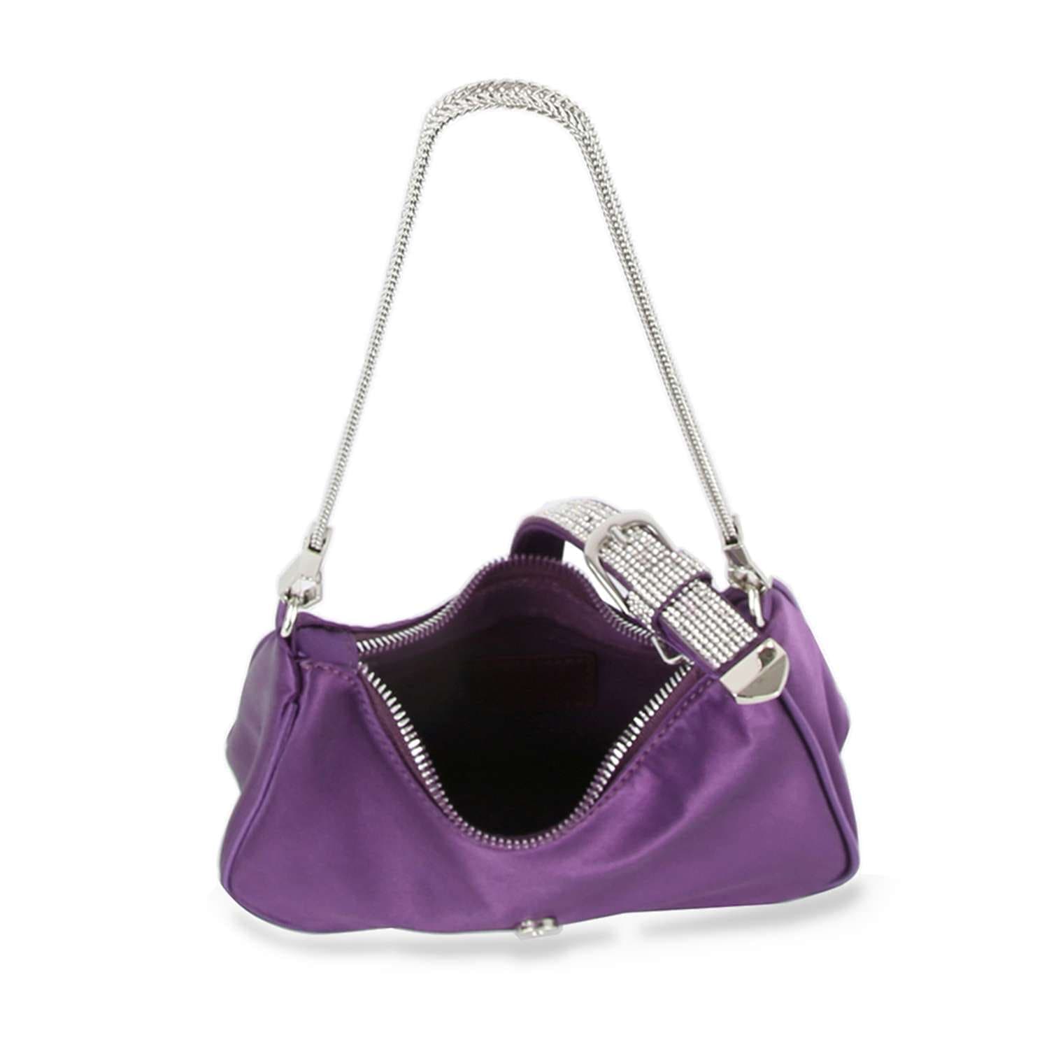 The Rhinestone Buckle Hobo Handbag is a small purple satin shoulder bag featuring a silver chain strap, a sparkling rhinestone buckle, and a visible zipper when open.