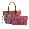 The Three Piece Canvas Print Tote Handbag Set features a large tote, canvas wallet, and pouch, all with brown straps, colorful vertical stripes, and animal print accents for stylish organization.
