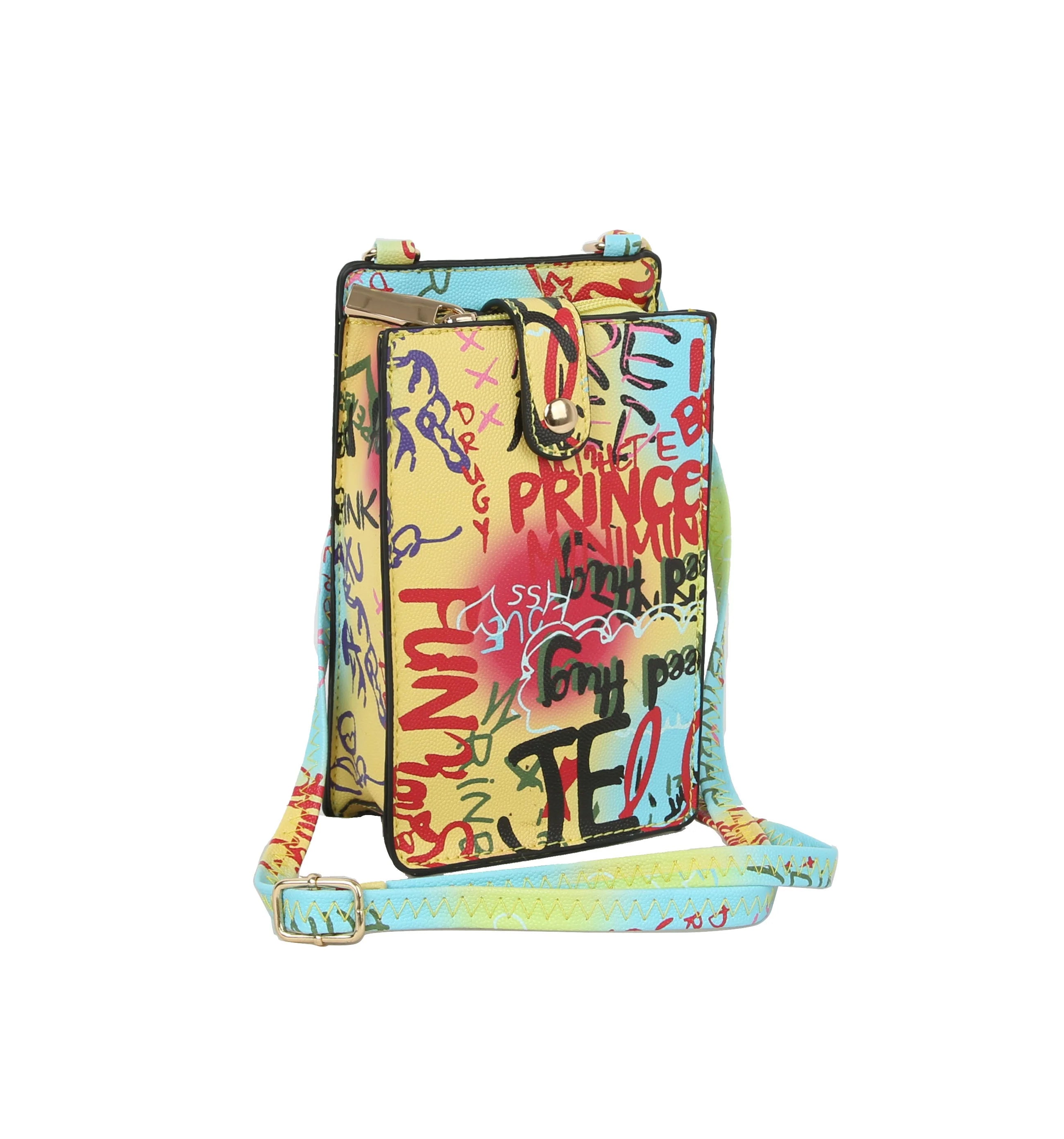 The Urban Graffiti Cell Phone Crossbody Sling features graffiti-style writing in red, yellow, blue, and green on faux leather, a long adjustable strap, gold-tone hardware, playful doodles and words, plus a secure flap closure.