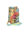 The Urban Graffiti Cell Phone Crossbody Sling features graffiti-style writing in red, yellow, blue, and green on faux leather, a long adjustable strap, gold-tone hardware, playful doodles and words, plus a secure flap closure.