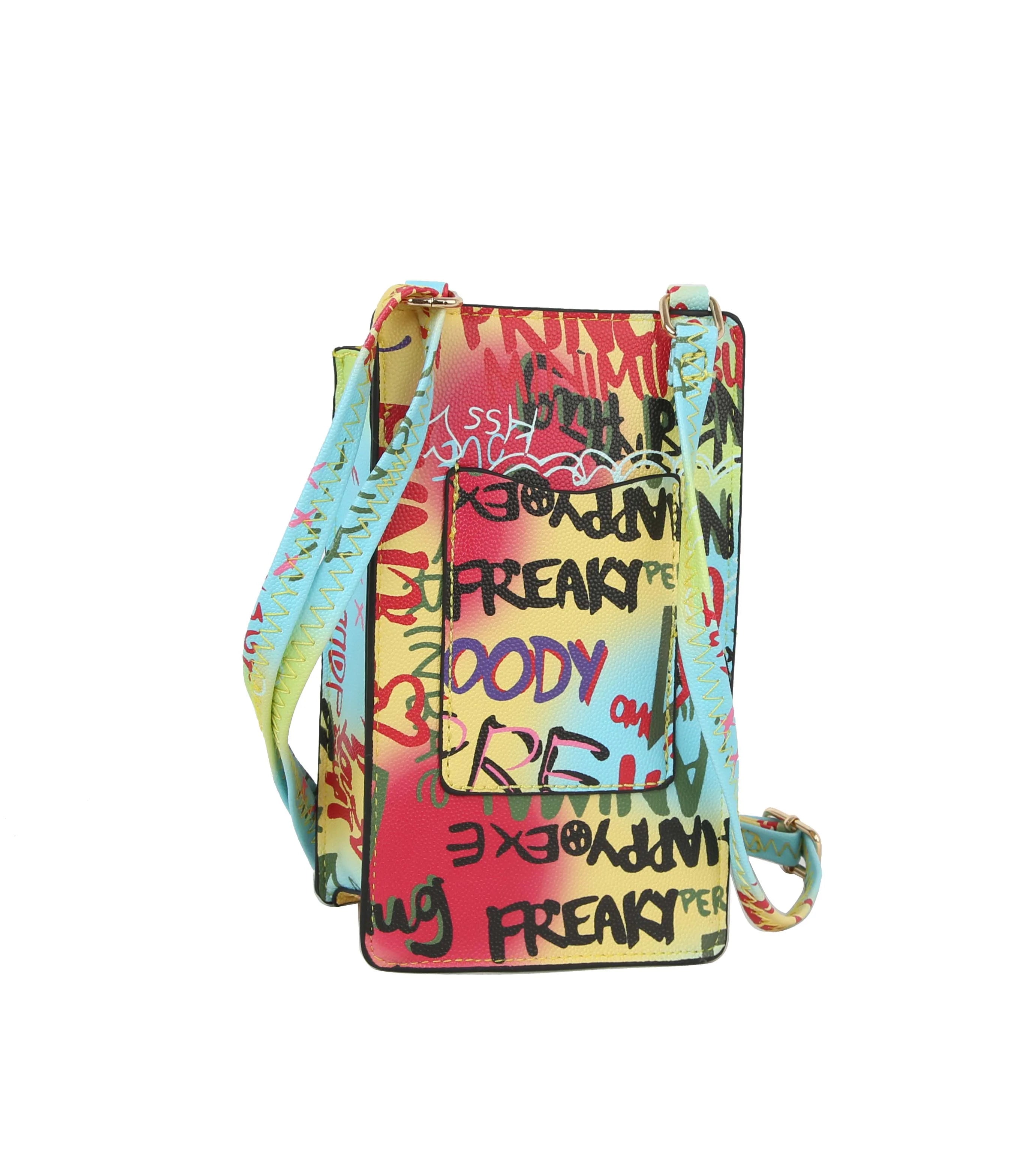 The Urban Graffiti Cell Phone Crossbody Sling is a colorful rectangular faux leather bag with graffiti-style black, red, and yellow text on a vibrant gradient. It features an adjustable strap, gold-toned hardware, and a front pocket.