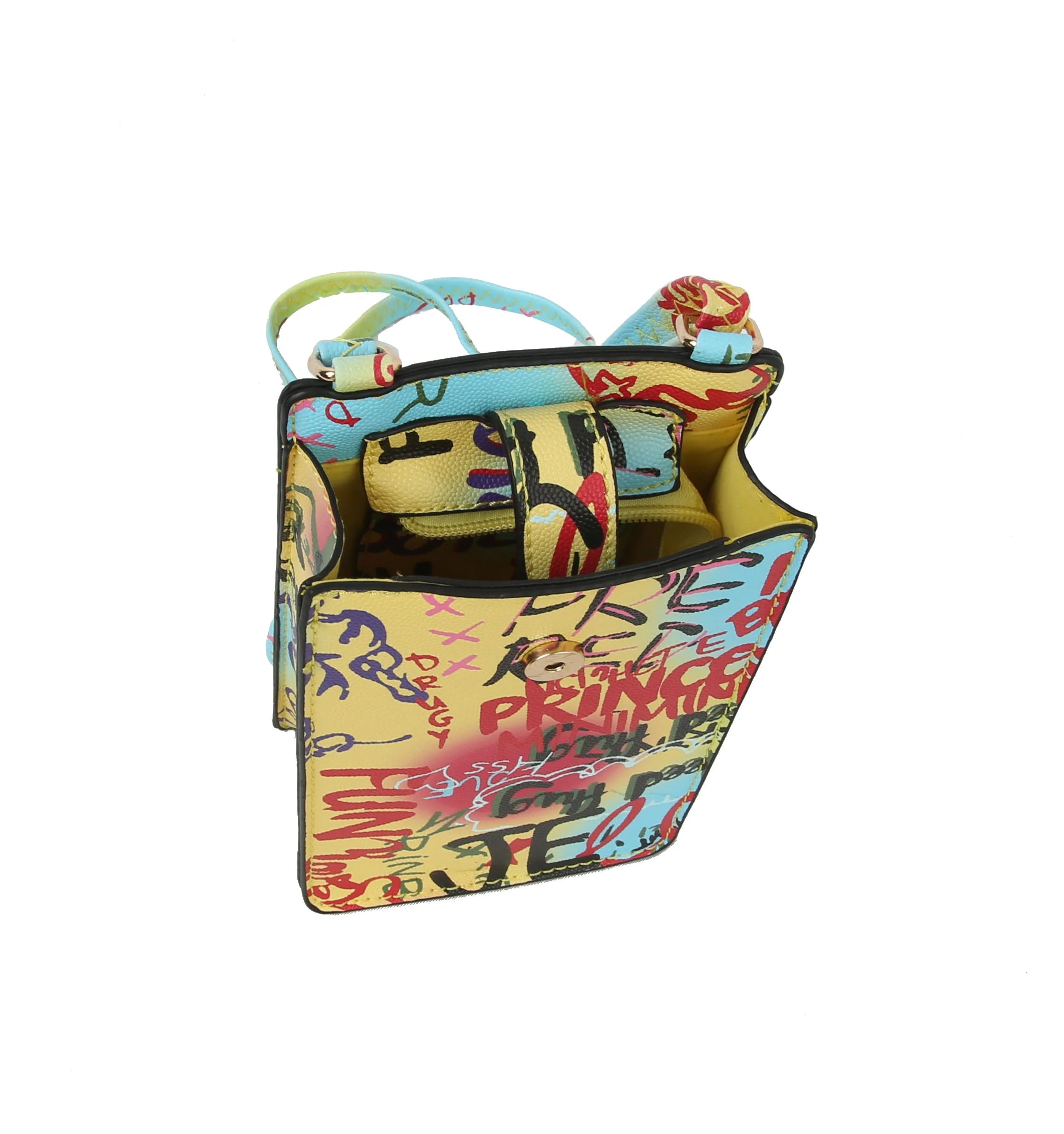 The Urban Graffiti Cell Phone Crossbody Sling features a rectangular faux leather design with multicolored graffiti writing on yellow, a top handle, flap closure, gold hardware, open compartment, and matching colorful interior and strap.