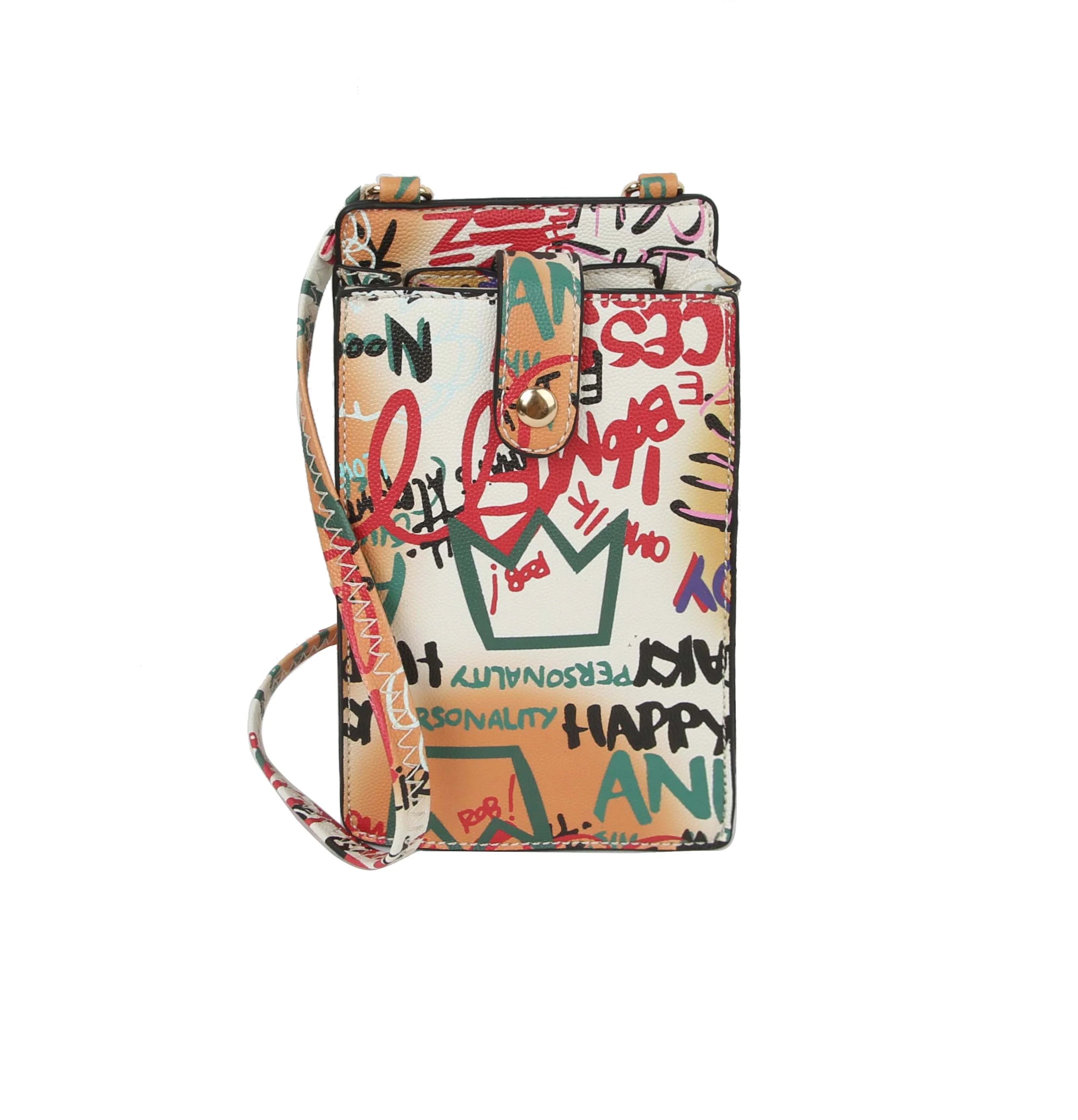 The Urban Graffiti Cell Phone Crossbody Sling features a rectangular shape with a vibrant graffiti-style faux leather design, adorned with colorful words, symbols, and doodles. It comes with a matching adjustable strap for comfort and versatility.