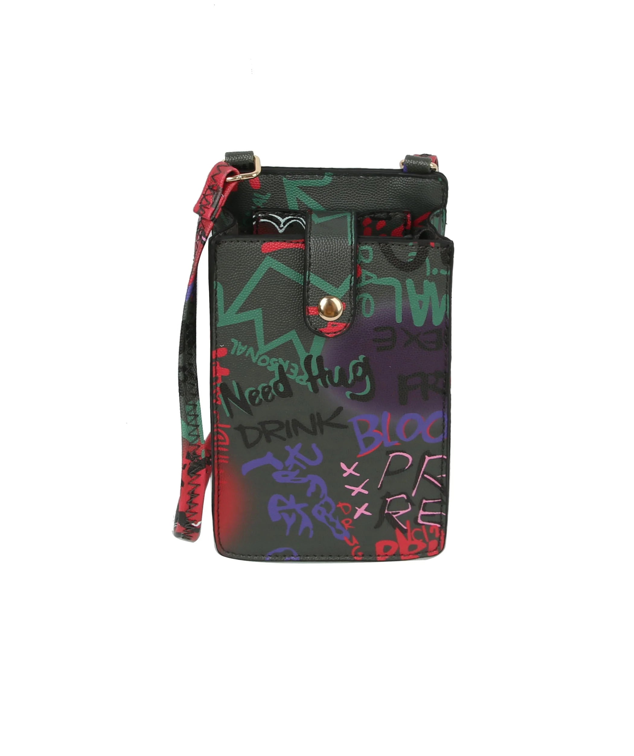 The Urban Graffiti Cell Phone Crossbody Sling is a black rectangular faux leather bag with an adjustable strap, buttoned front flap, and colorful graffiti-style text and abstract designs in green, purple, and red.