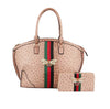 The Rhinestone Bee Large Tote Handbag is a pink faux leather bag with a top zip, matching wallet, green and red stripes, jeweled bee accents on the front, and gold-toned hardware for an elegant finish.