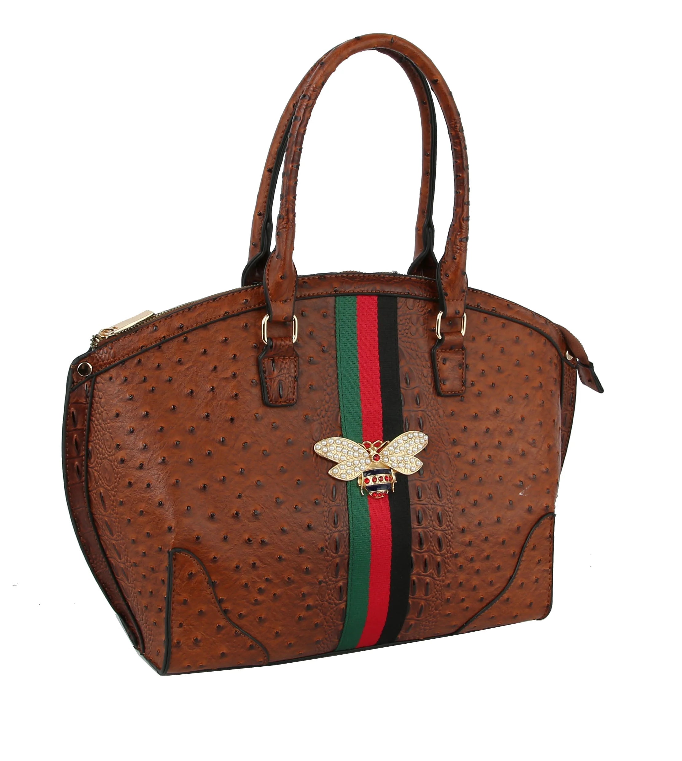 The Rhinestone Bee Large Tote Handbag features brown textured faux leather, double handles, green and red vertical stripes, a top zip closure, a jeweled bee brooch on the front, and elegant gold-toned hardware for added style.