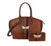The Rhinestone Bee Large Tote Handbag is a brown ostrich-textured faux leather set featuring gold-tone hardware, green and red stripes, jeweled bee accents, handles, a top zip closure, a shoulder strap, and matching wallet.