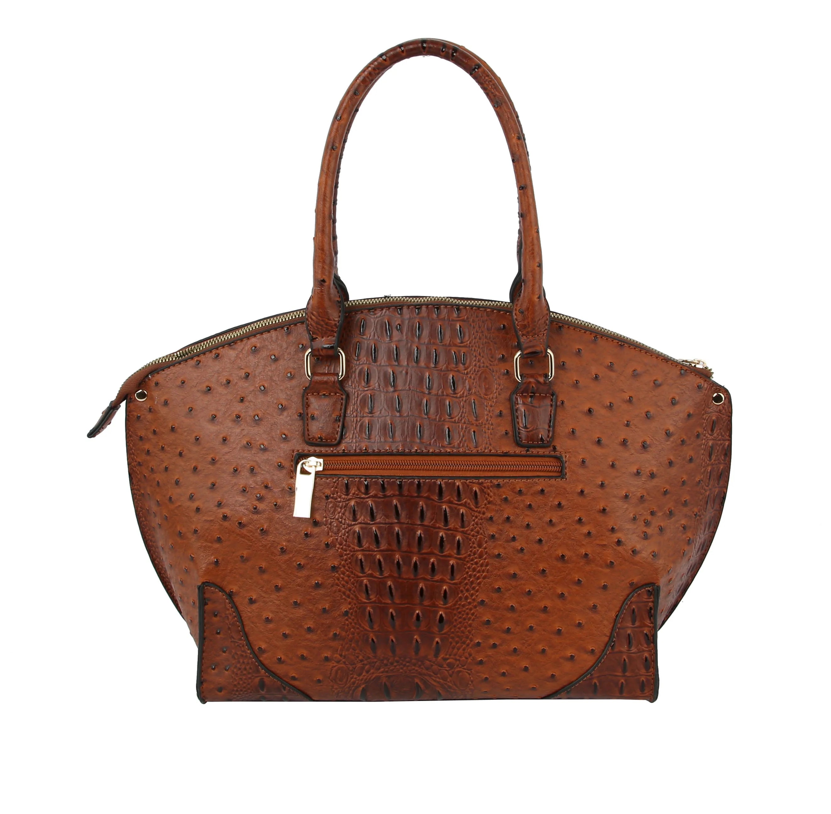 The Rhinestone Bee Large Tote Handbag is a brown, dome-shaped faux leather bag featuring a crocodile-like texture, two handles, front zippered pocket, gold-tone hardware, and an elegant top zip closure.