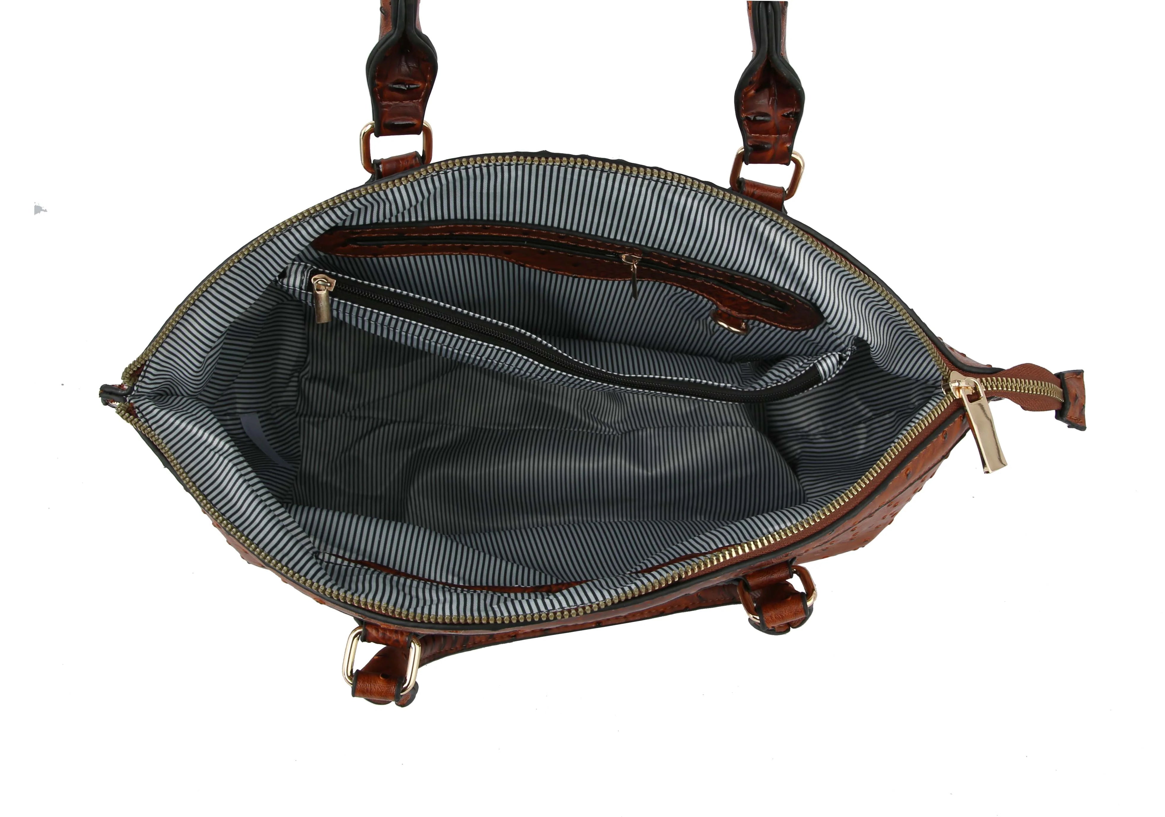 The Rhinestone Bee Large Tote Handbag, shown from above, features gold-toned hardware and an open faux leather design with a striped fabric interior, zippered pockets, and handy compartments.