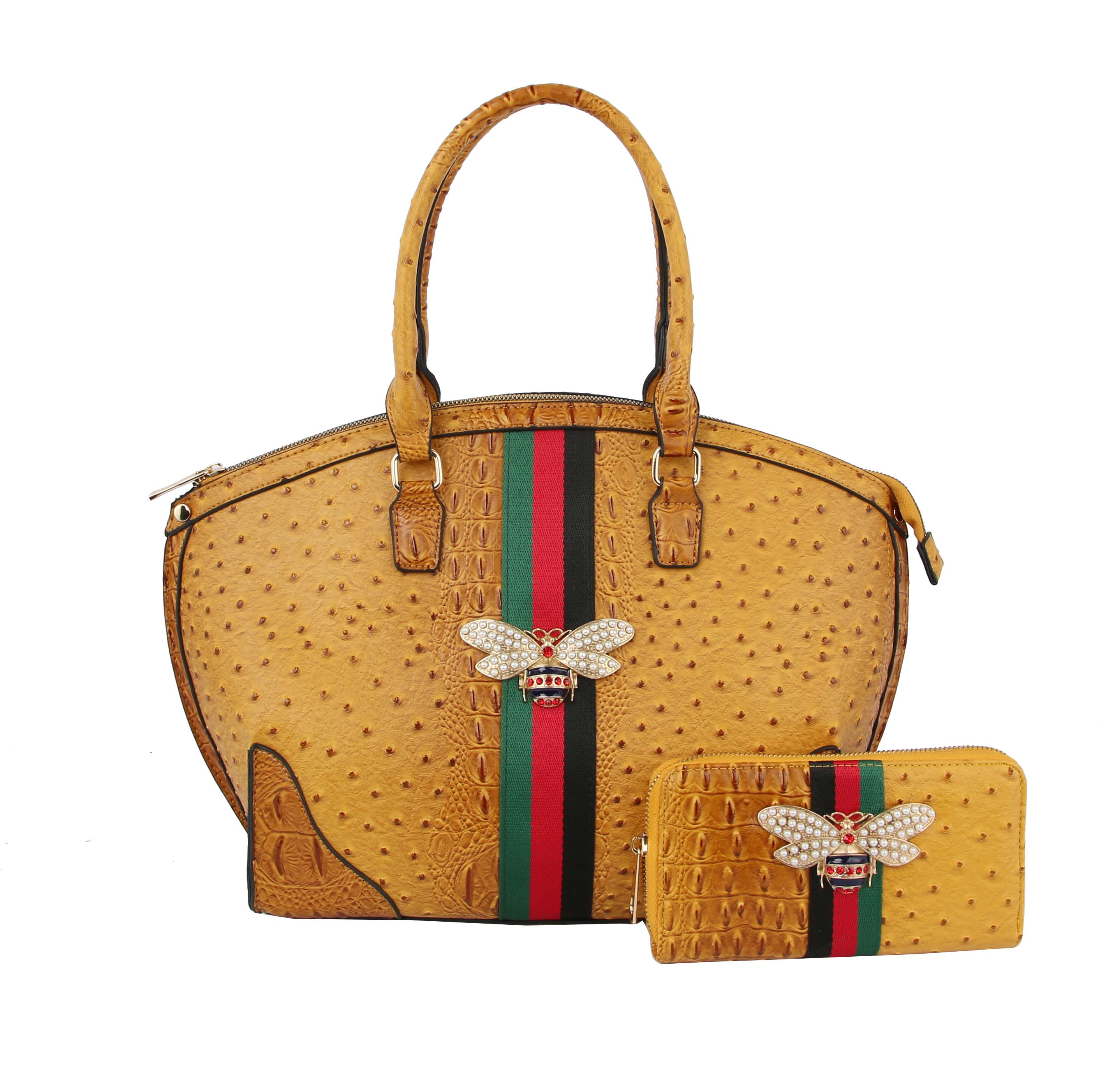 The Rhinestone Bee Large Tote Handbag is a yellow faux leather bag with an ostrich texture, green and red center stripes, gold-tone hardware, jeweled bee accent, and comes with a matching wallet featuring a top zip closure.