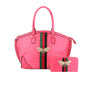 The Rhinestone Bee Large Tote Handbag, in bright pink faux leather with a textured pattern, gold bee accents, green-red stripes, and top zip closure, is shown with a matching wallet against a white background.