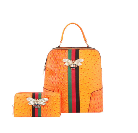 Rhinestone Bee Embossed Fashion Backpack Set