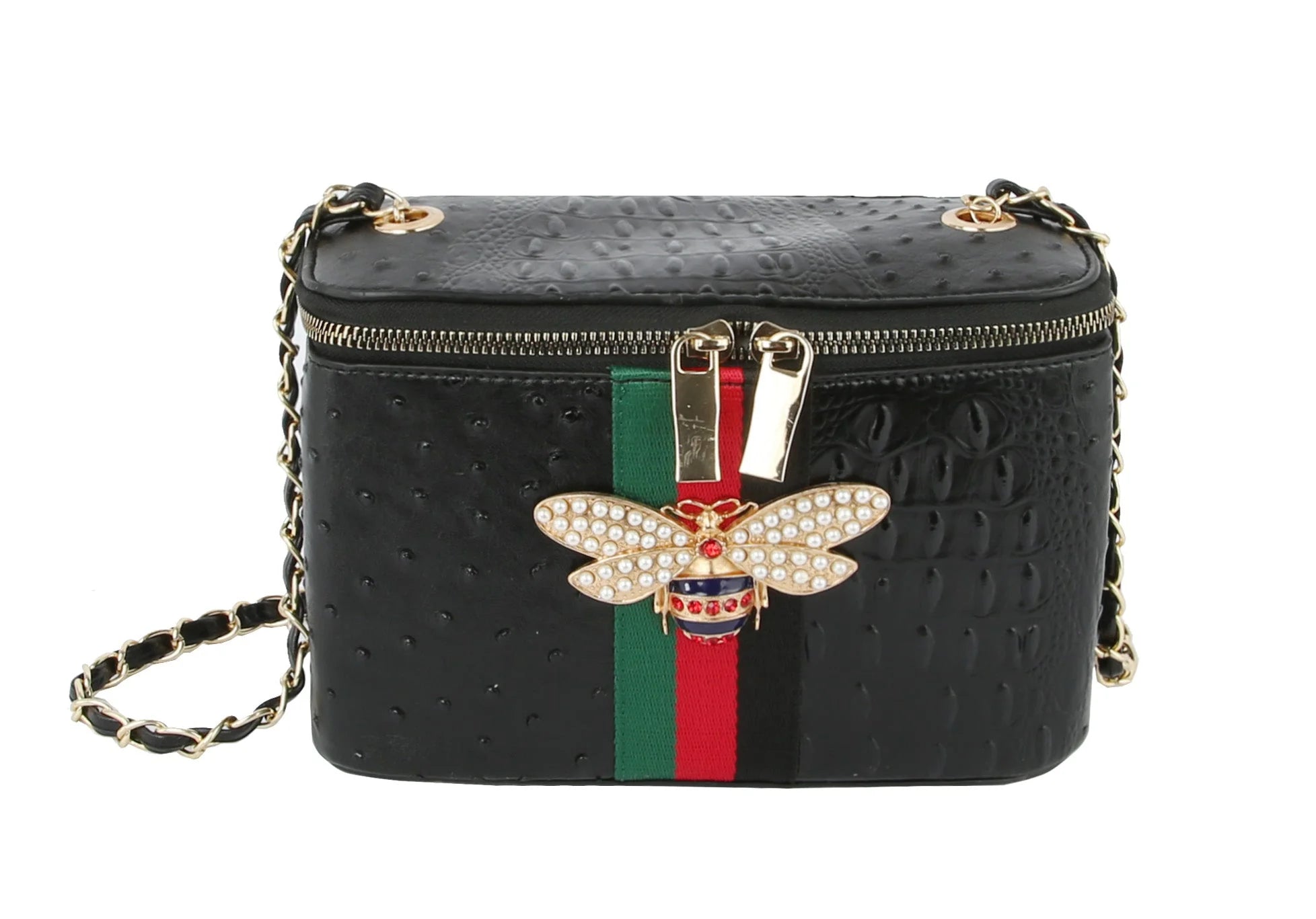 The Rhinestone Bee Embossed Shoulder Bag is a black faux leather purse with gold hardware, a chain strap, green and red vertical stripe, jeweled bee brooch on the front, and top zipper closure.