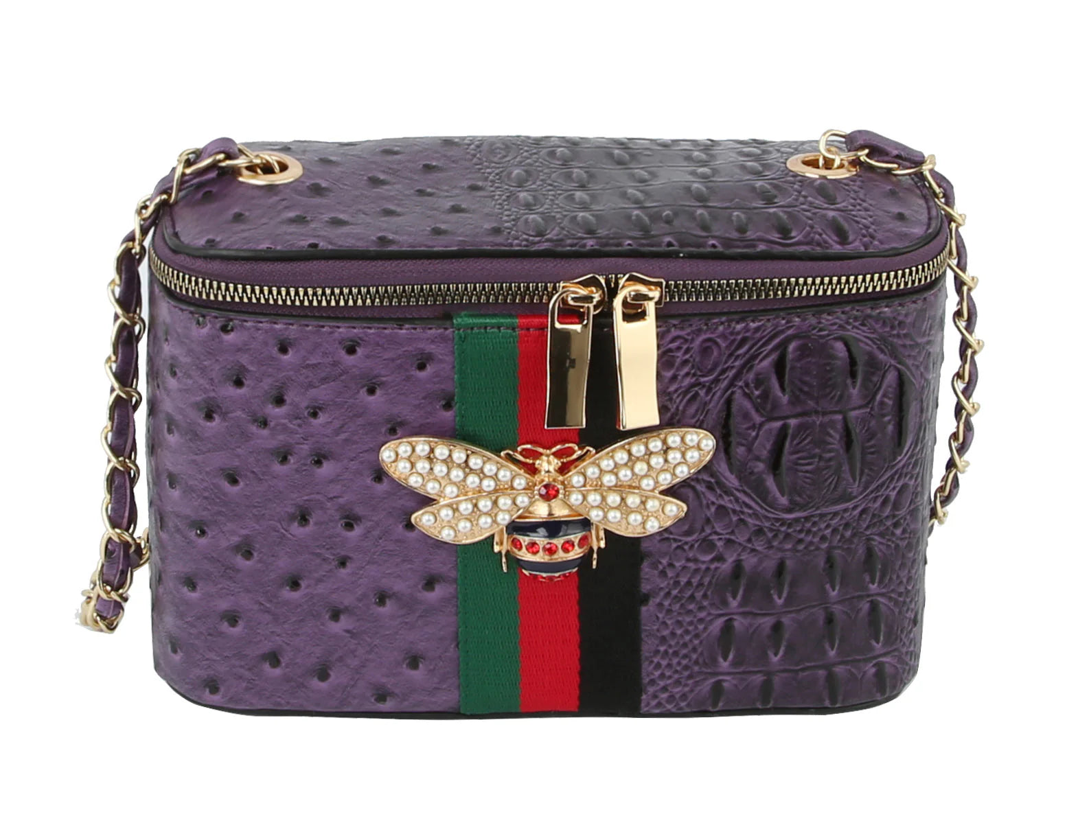 The Rhinestone Bee Embossed Shoulder Bag is a purple faux leather purse with gold-toned hardware, a jeweled bee ornament, red and green stripe, chain strap, and double top zippers for style.
