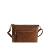 The Front Pocket Slim Crossbody Bag in brown faux leather features two zip pockets and an adjustable strap, shown against a white background.