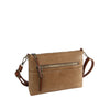 The Front Pocket Slim Crossbody Bag is a tan faux leather crossbody with a front zip pocket, brown adjustable strap, and gold-tone hardware, shown against a white background.