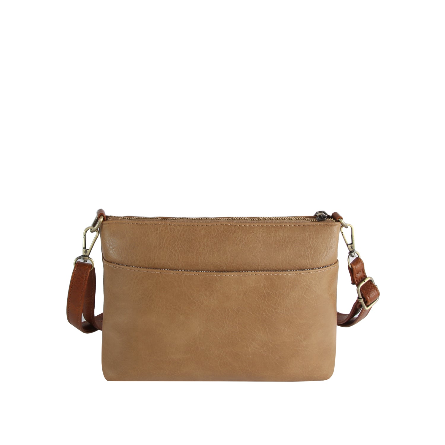 The Front Pocket Slim Crossbody Bag features tan faux leather, a zip pocket, zip closure, and an adjustable brown strap. Displayed on a plain white background.