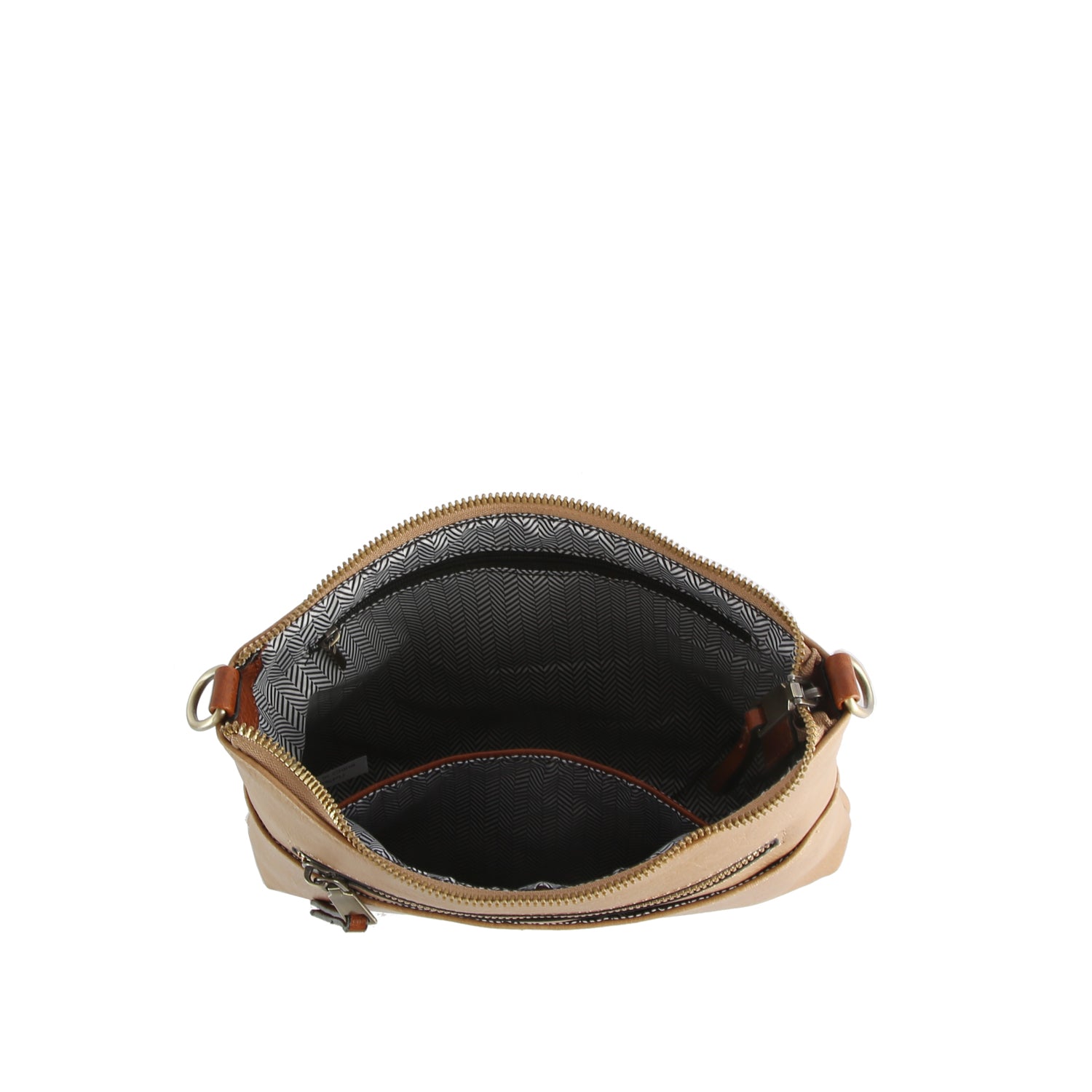 Top view of the Front Pocket Slim Crossbody Bag in beige faux leather, featuring a gold zipper and interior zip pocket with a black-and-white patterned fabric lining.