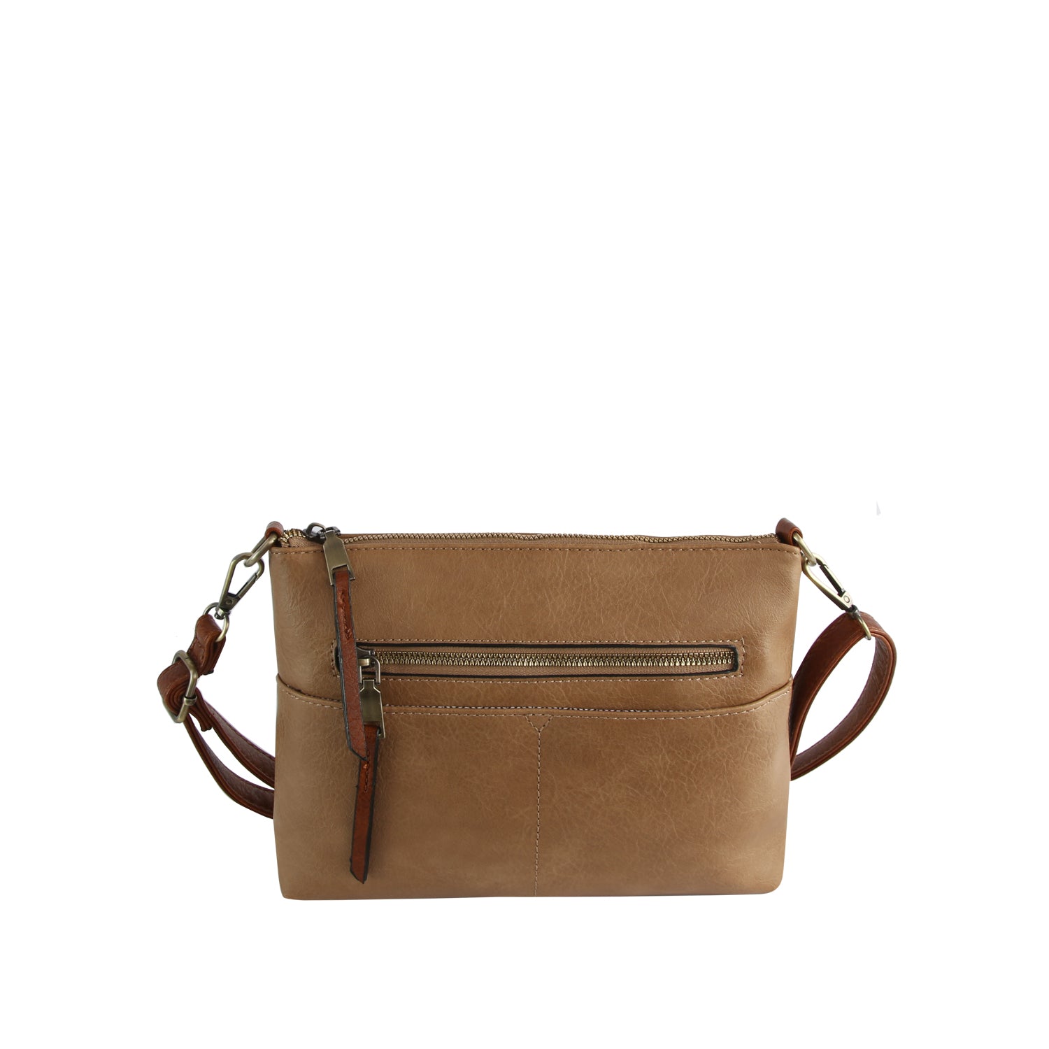 The Front Pocket Slim Crossbody Bag is a small tan faux leather bag with a front zip pocket, dark brown adjustable strap, and minimalist design, shown on a white background.