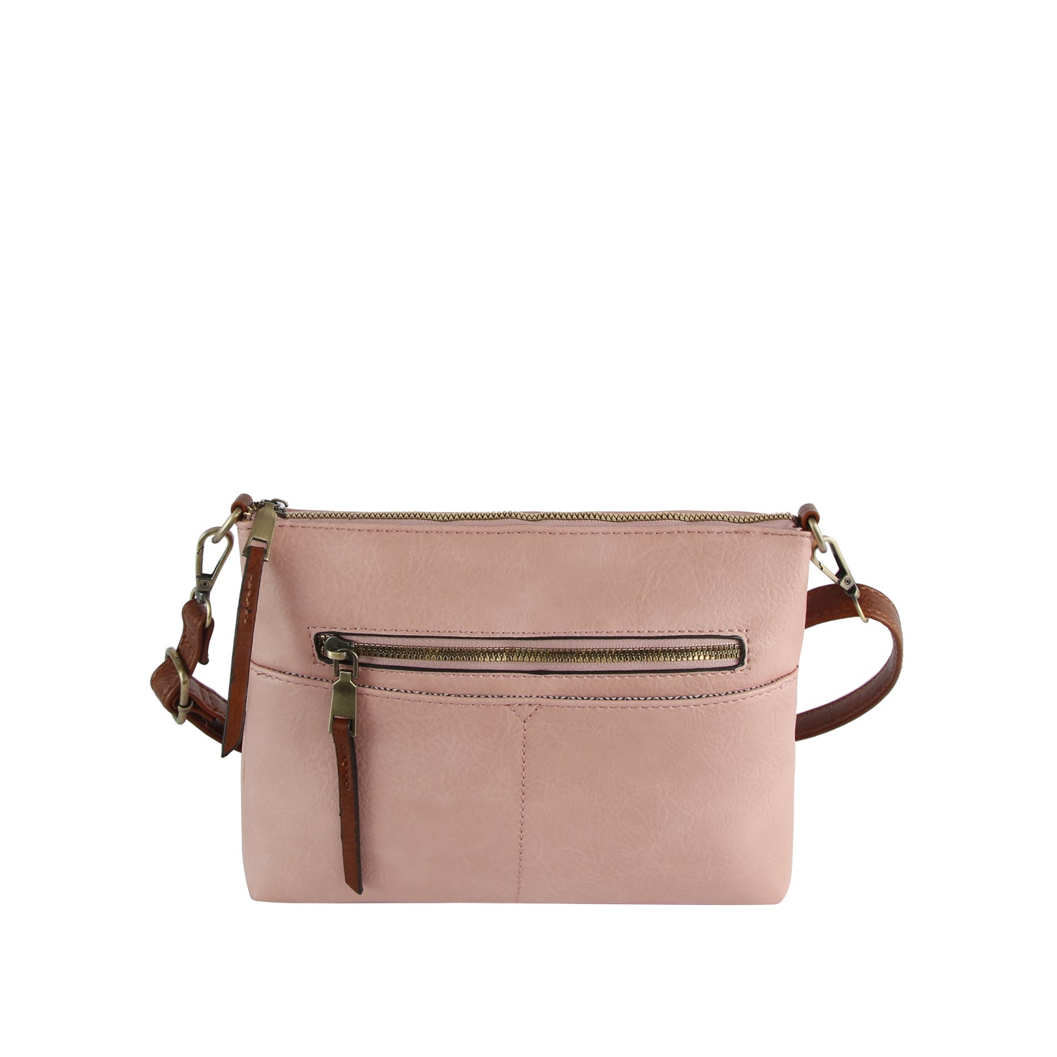 The Front Pocket Slim Crossbody Bag, in light pink faux leather, features a front zip pocket, top zip closure, and adjustable brown shoulder strap. Shown against a plain white background.