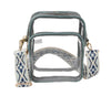 The Guitar Strap Clear Crossbody Bag is a square-shaped, clear zip closure handbag with teal trim, gold hardware, and a detachable blue and white guitar strap, displayed against a white background.